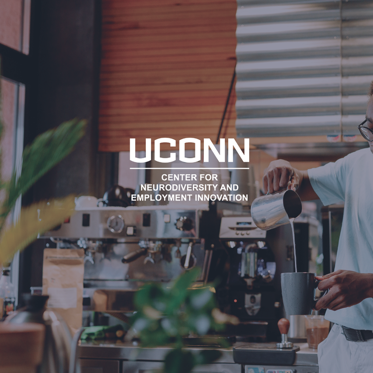 Uconn Neurodiversity Logo with coffee shop background