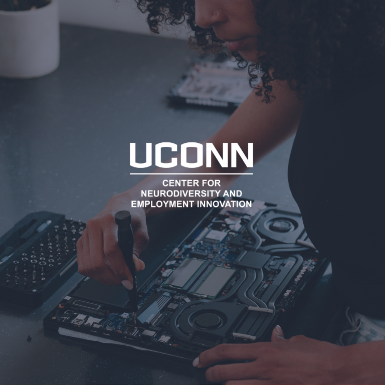 Uconn Neurodiversity Logo with someone fixing a laptop background